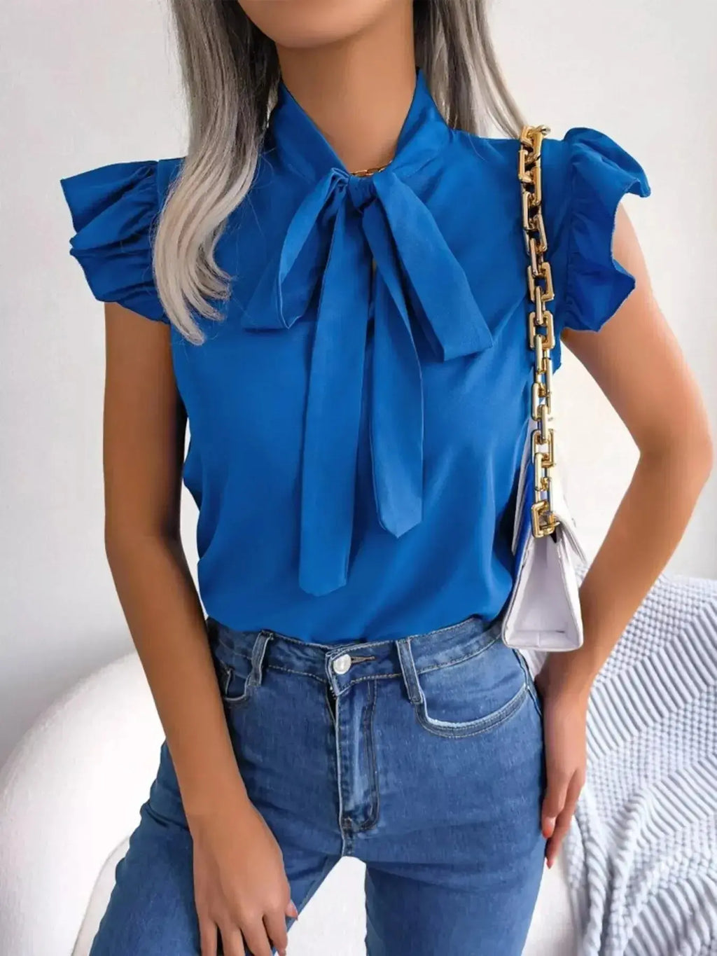 Bow Tie Ruffle Sleeve Blouse - DaisyDrop 