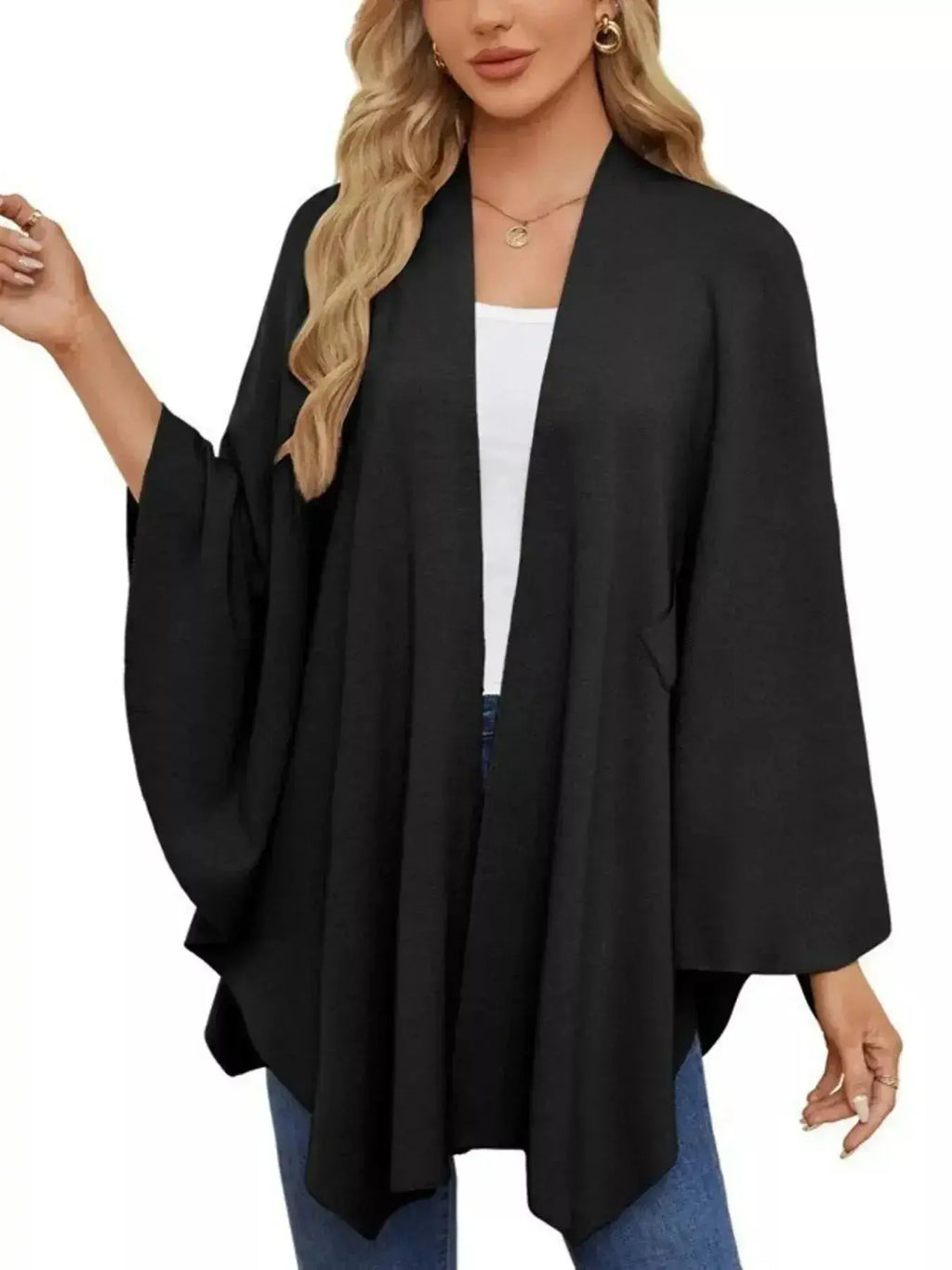 Solid Color Tie-Front Knit Cape Top - DaisyDrop 