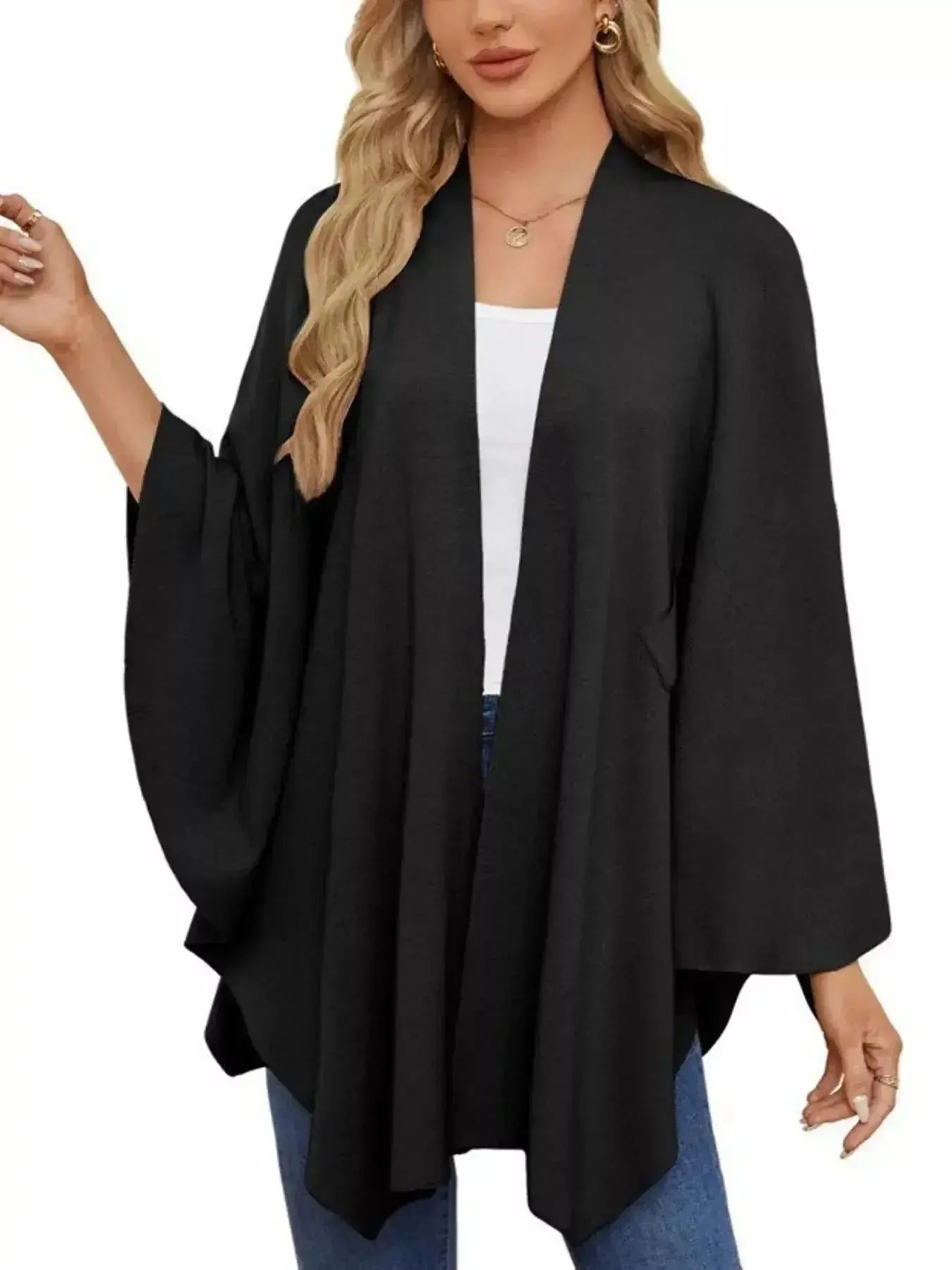 Solid Color Tie-Front Knit Cape Top - DaisyDrop 