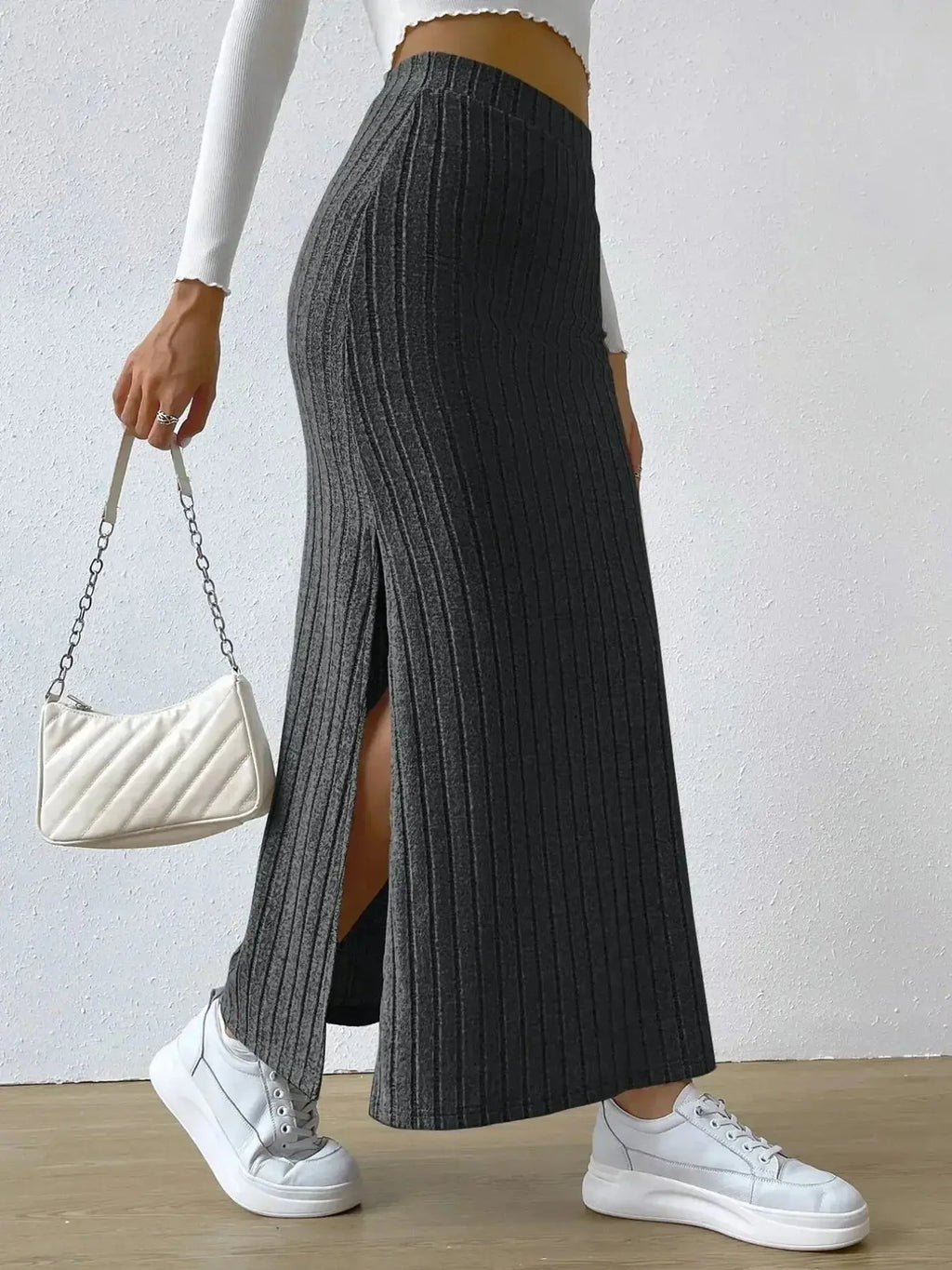 High Waist Ribbed Knit Maxi Skirt - DaisyDrop 