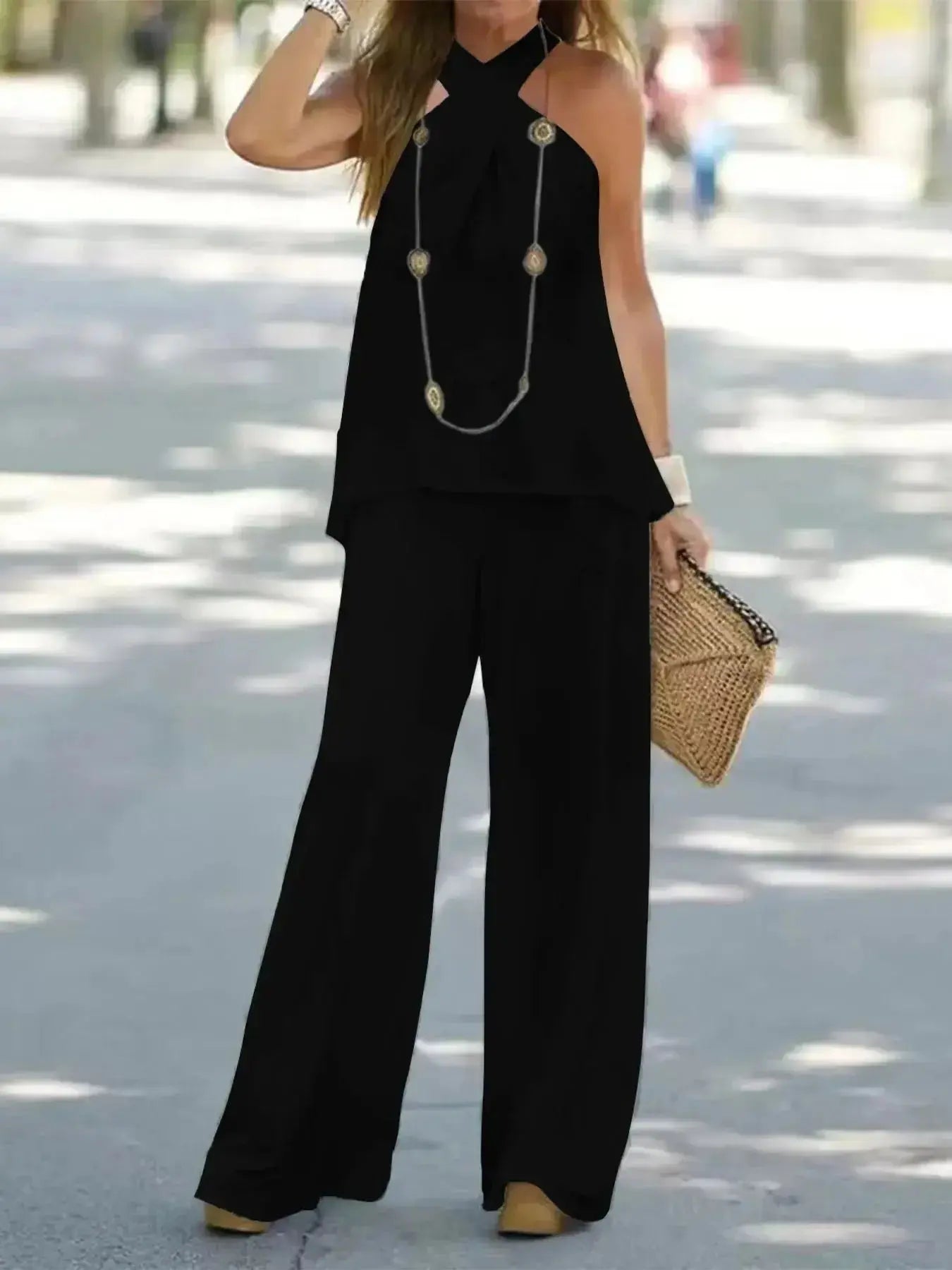 Halter Top and Wide Leg Pants Matching Set - DaisyDrop 