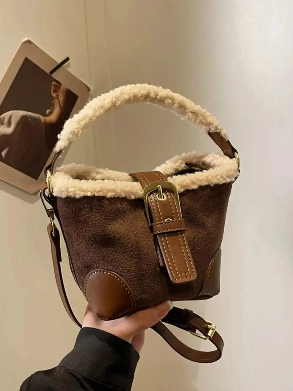 Fuzzy Trim Bucket Crossbody Bag - DaisyDrop 