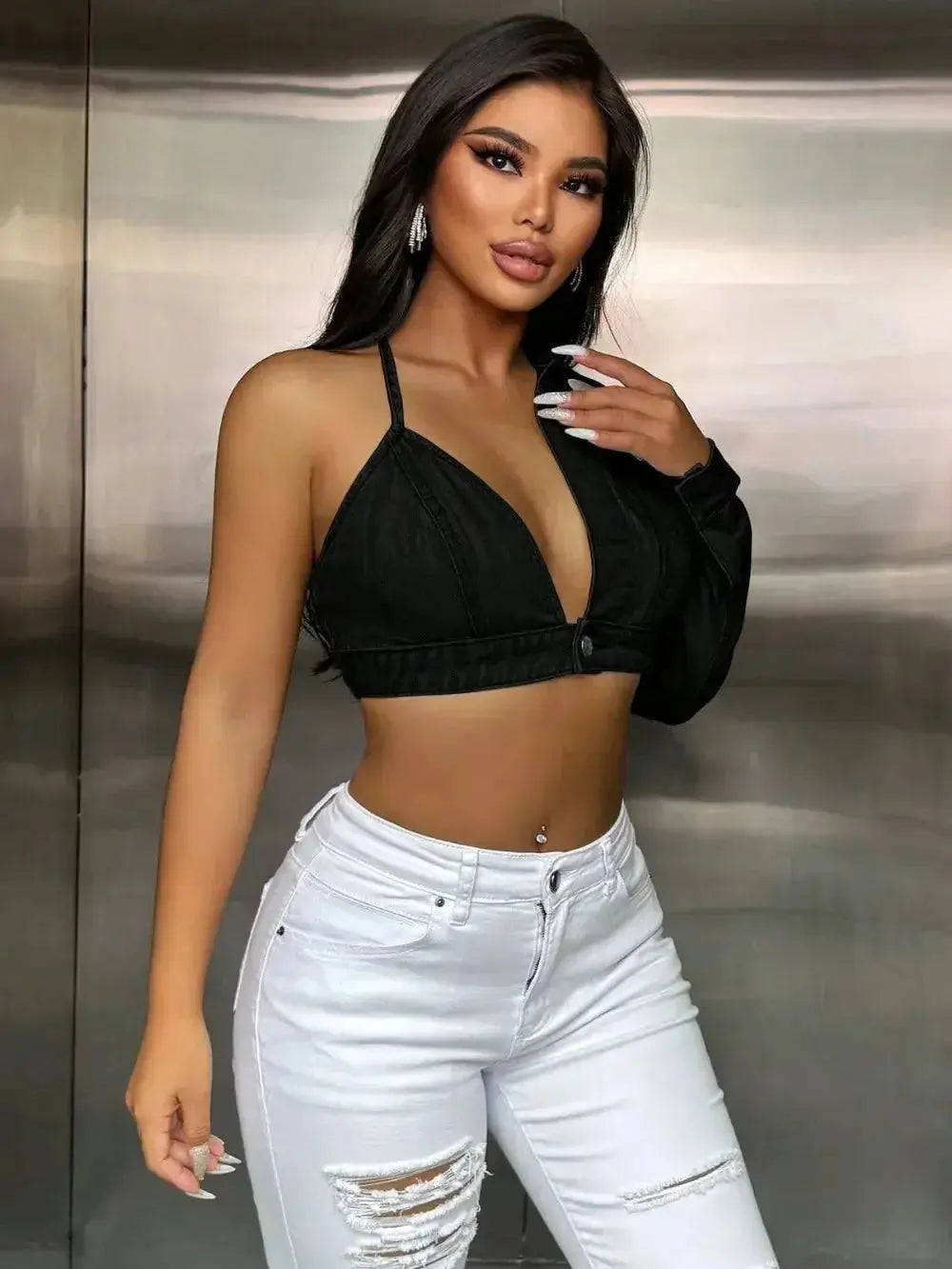 One Shoulder Long Sleeve Cropped Denim Top - DaisyDrop 