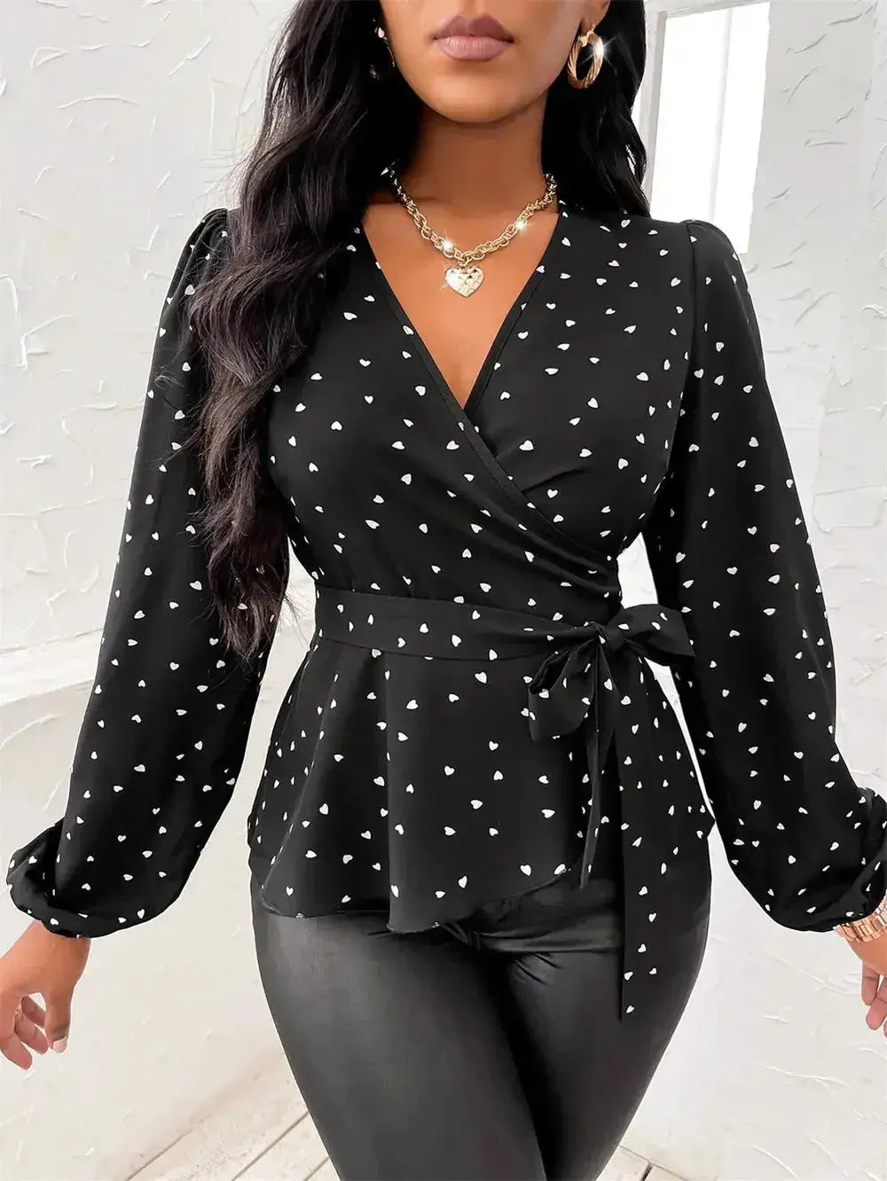 Heart Print Surplice Balloon Sleeve Blouse - DaisyDrop 