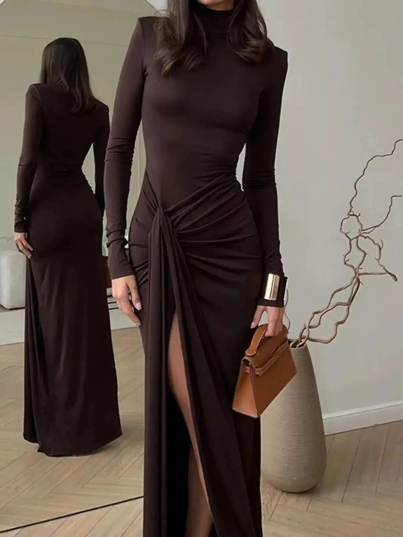 Turtleneck Long Sleeve Slit Maxi Dress - DaisyDrop 