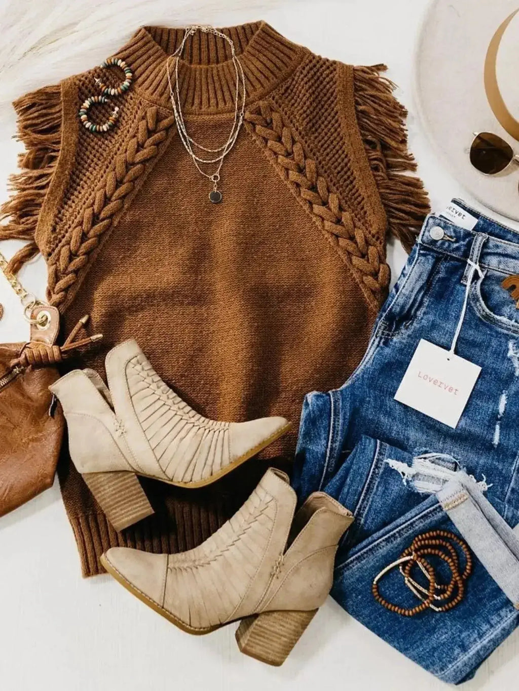 Braided Trim Fringe Sweater Top - DaisyDrop 