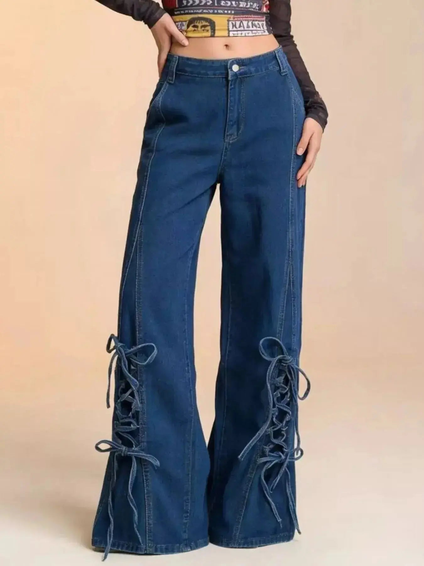 Lace-Up Wide Leg Jeans - DaisyDrop 