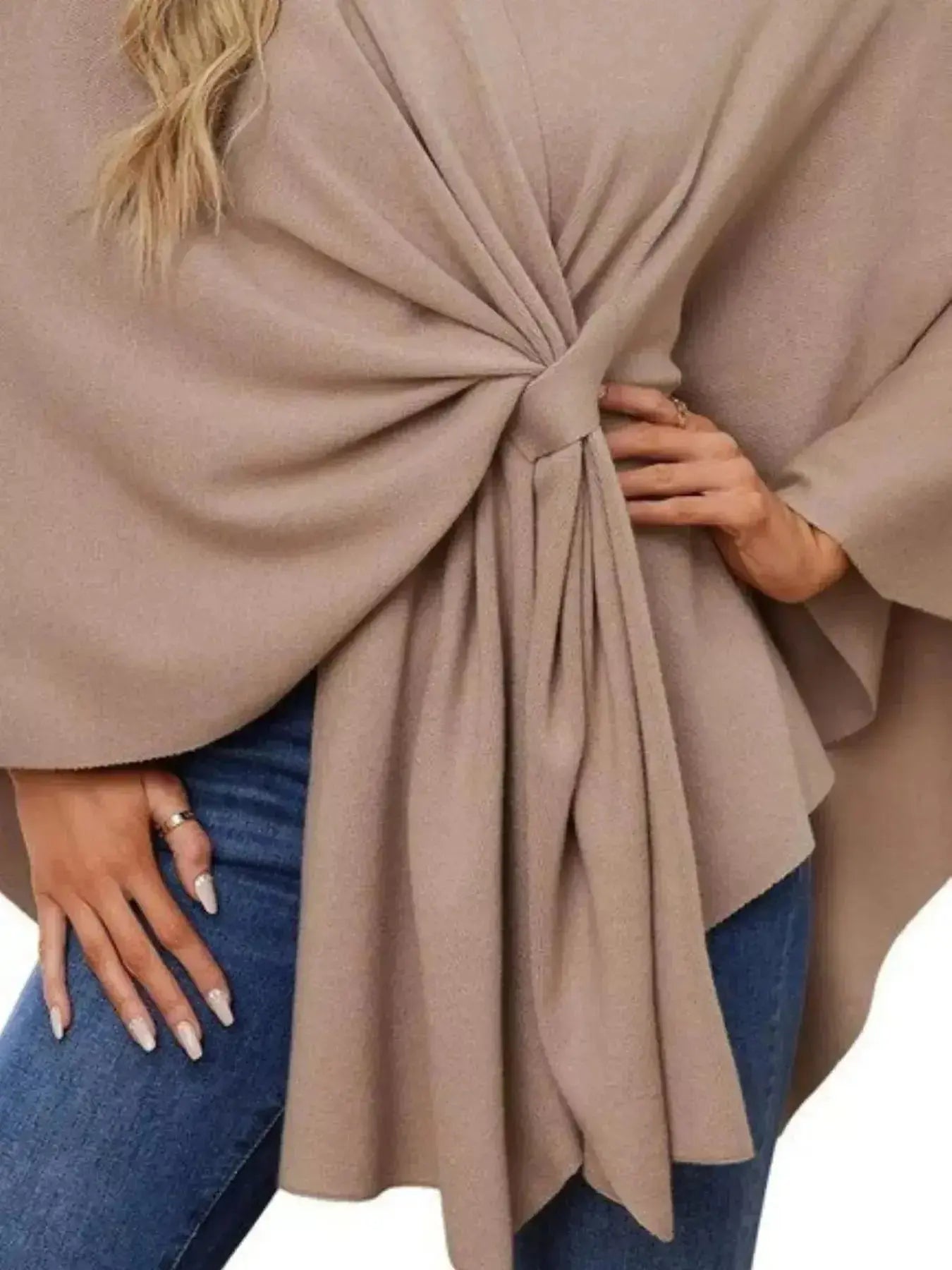 Solid Color Tie-Front Knit Cape Top - DaisyDrop 