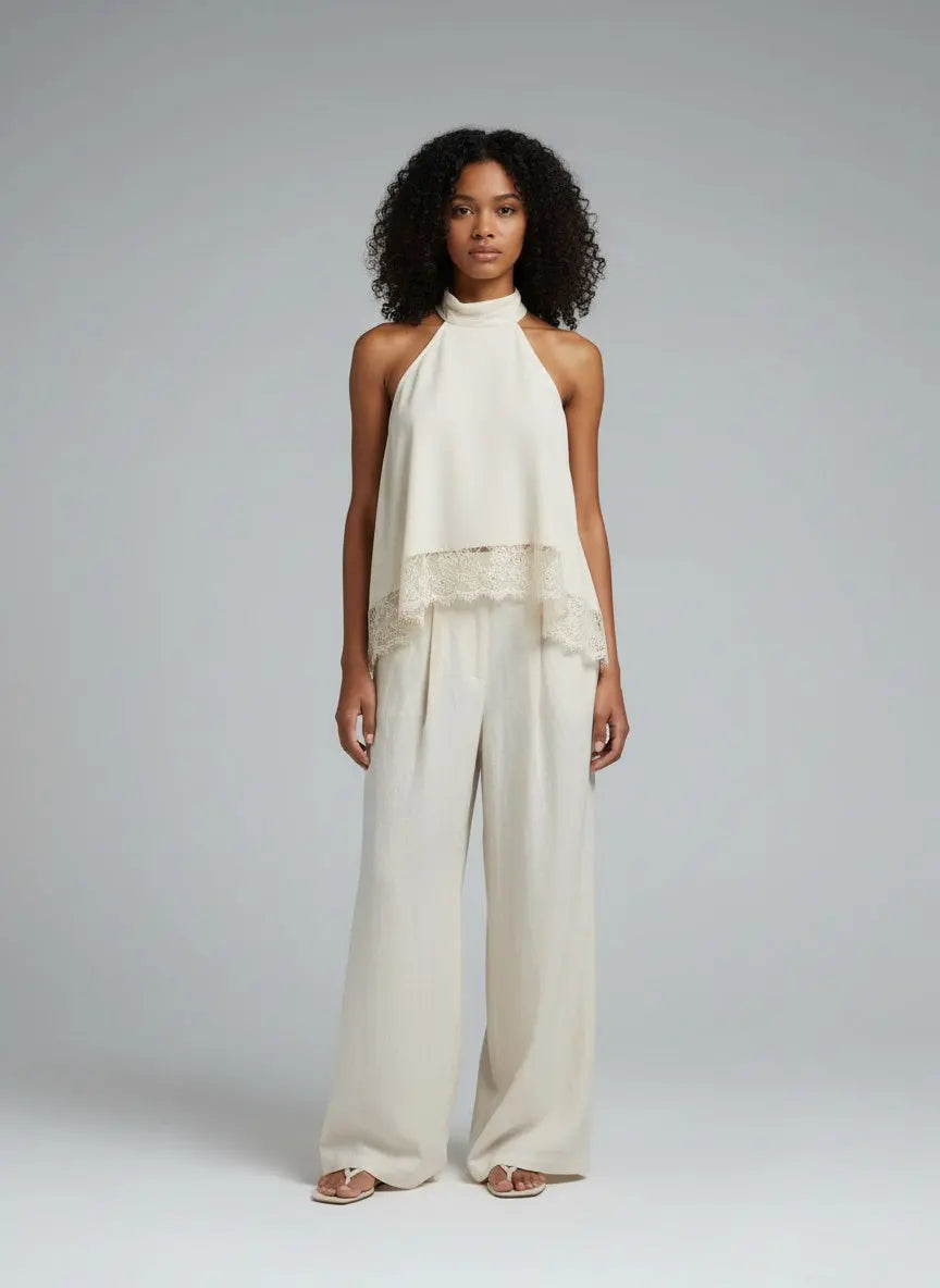 Full body view of the model wearing Halter Neck Lace Trim Cami