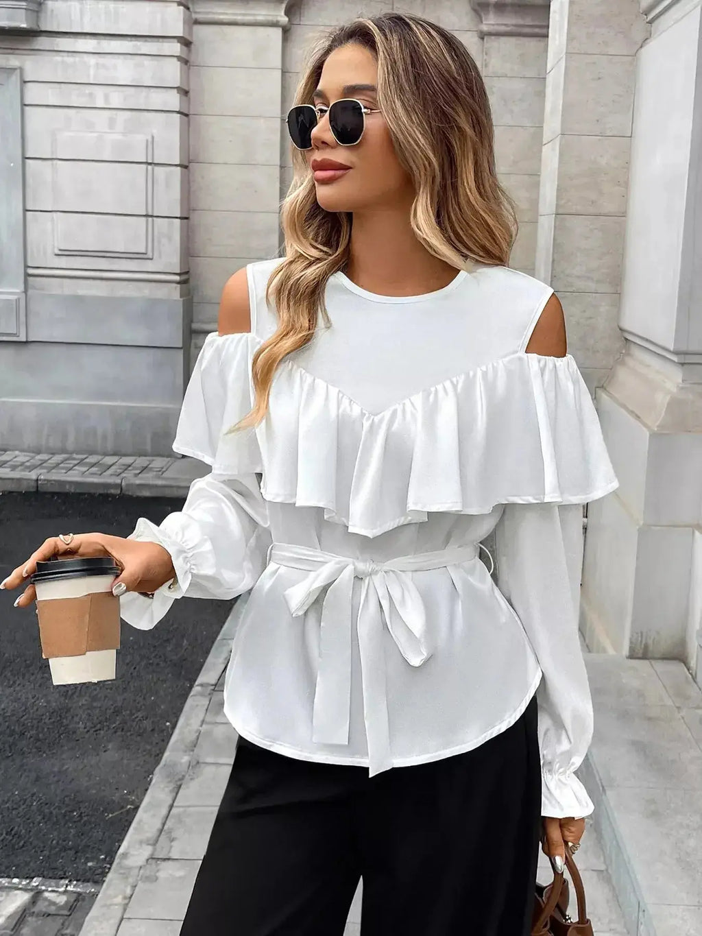 Cold Shoulder Ruffle Blouse - DaisyDrop 