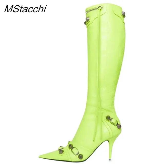 Zipper-Sid Long Botas De Mujer Metal Rivet Women High Knee Pointed Toe Boots eprolo