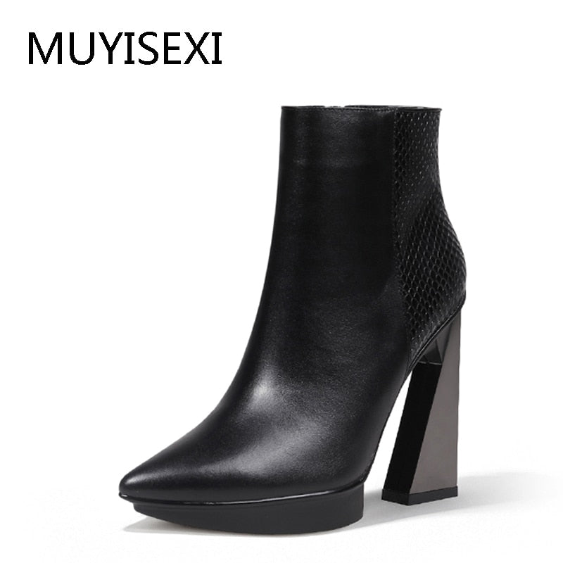 Genuine Leather Pointed Toe Boots