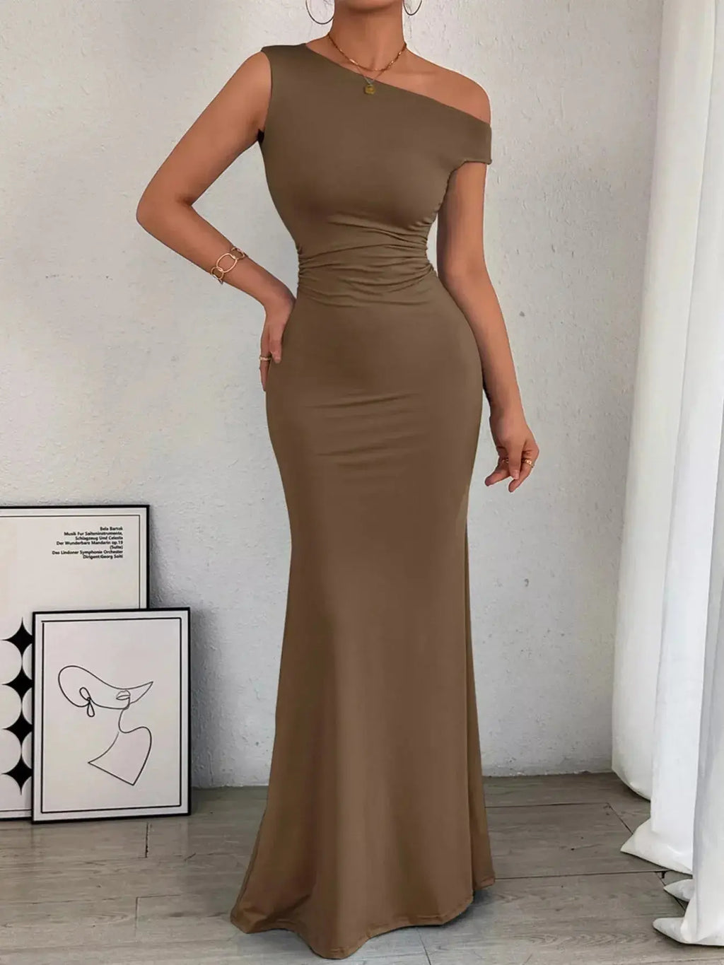 One-Shoulder Ruched Bodycon Maxi Dress - DaisyDrop 