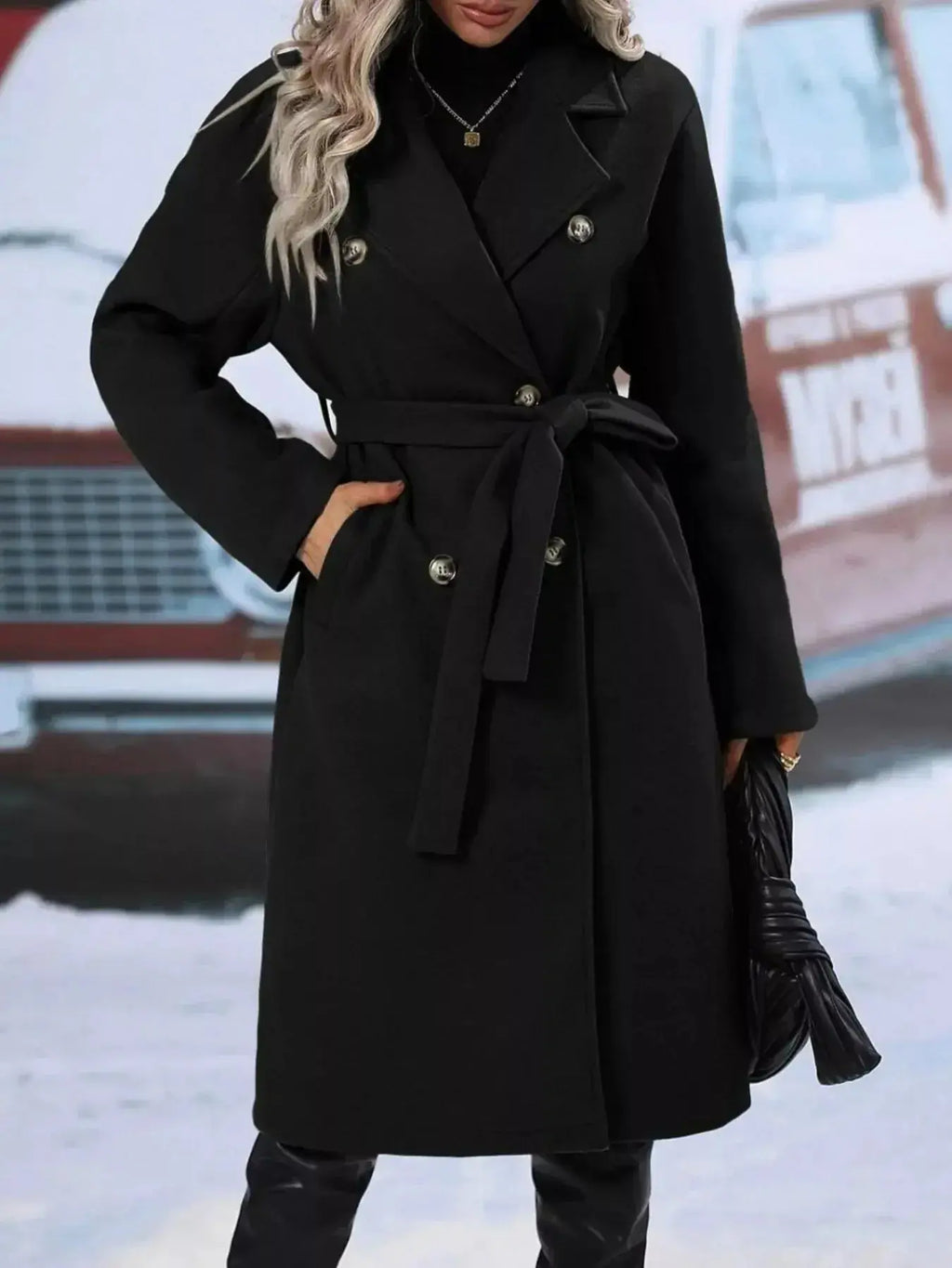Double-Breasted Tie Waist Coat - DaisyDrop 