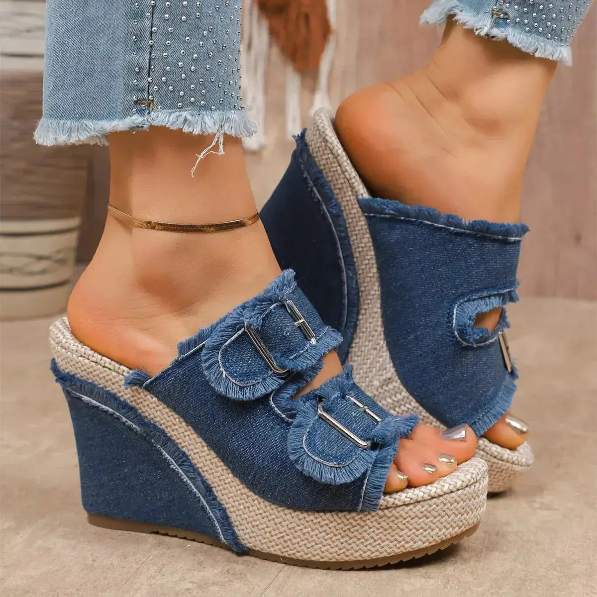 Double Buckle Wedge Sandals - DaisyDrop 