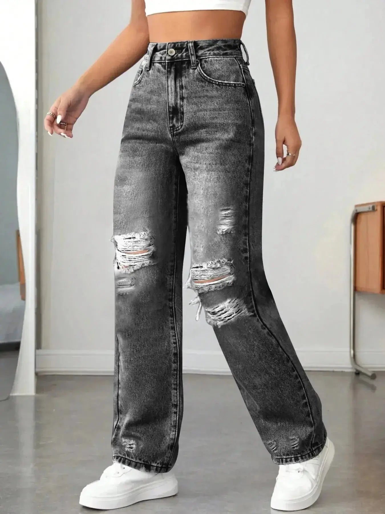 Distressed High Waisted Jeans - DaisyDrop 