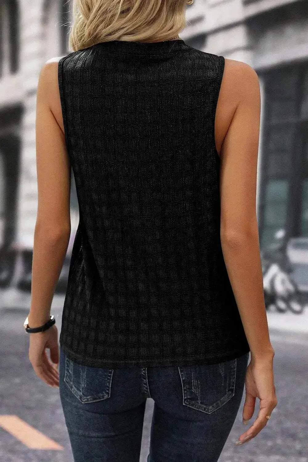 Solid Notched Sleeveless Blouse - DaisyDrop 