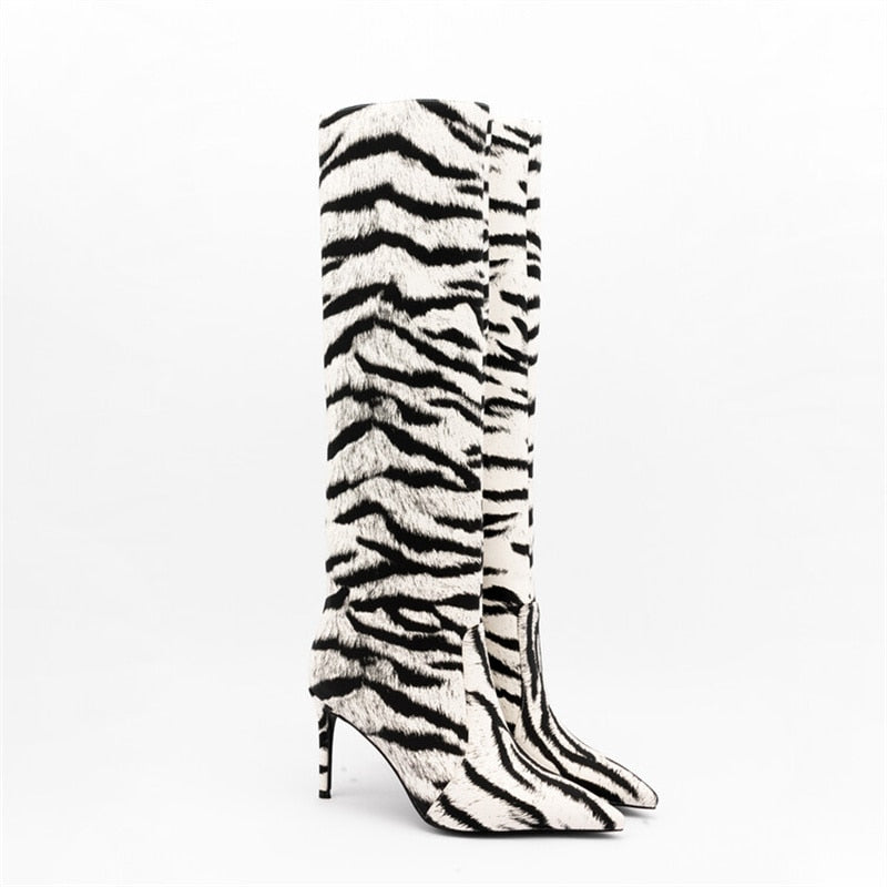 Tiger Print High Heel Pointed Toe Satin Stiletto Knee High Boots