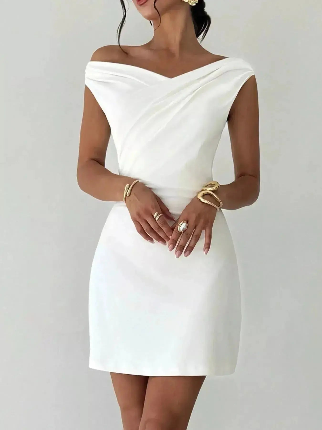 Elegant Off-Shoulder Draped Mini Dress - DaisyDrop 