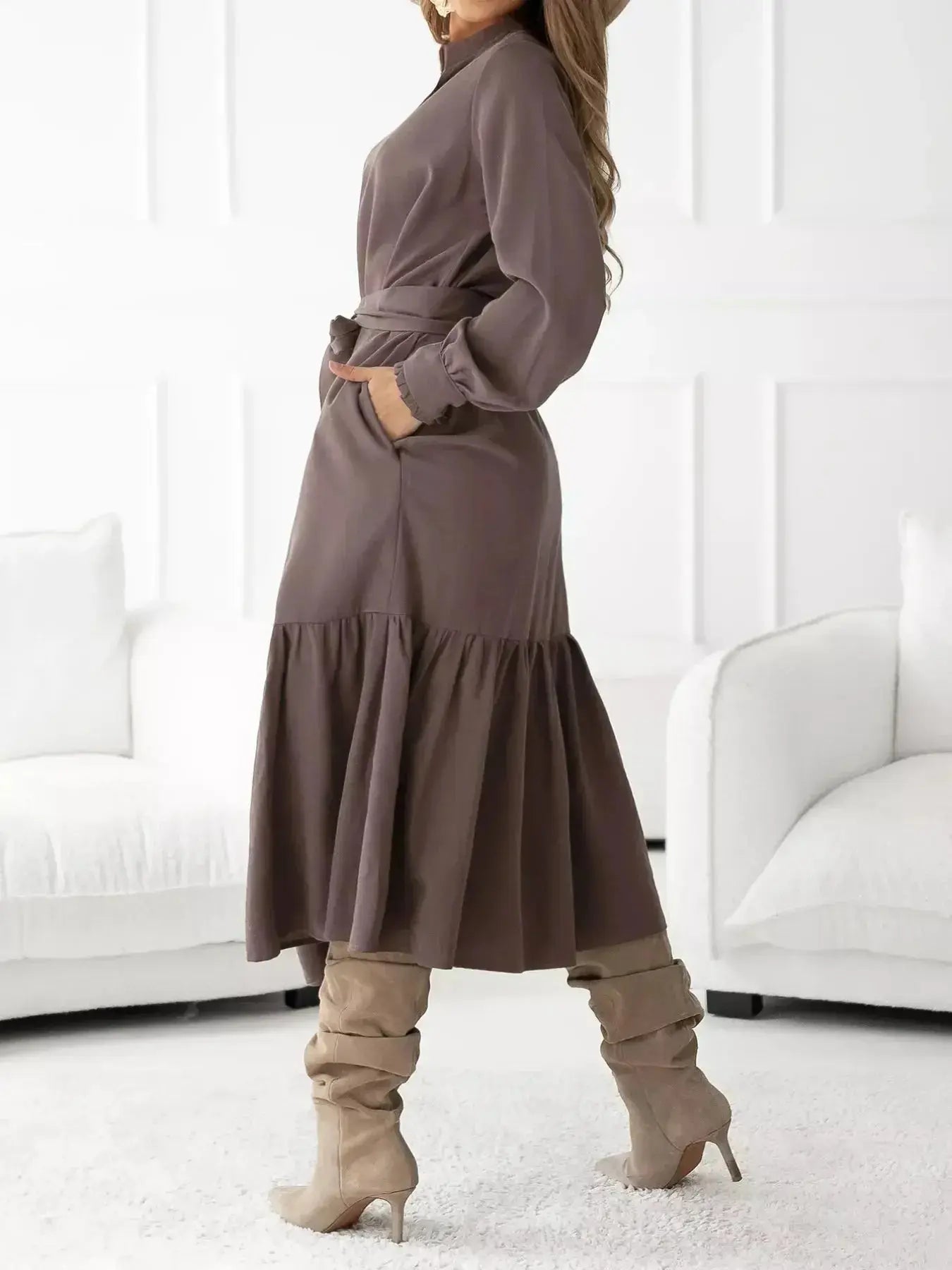 Long Sleeve Tie Waist Ruffle Hem Midi Dress - DaisyDrop 