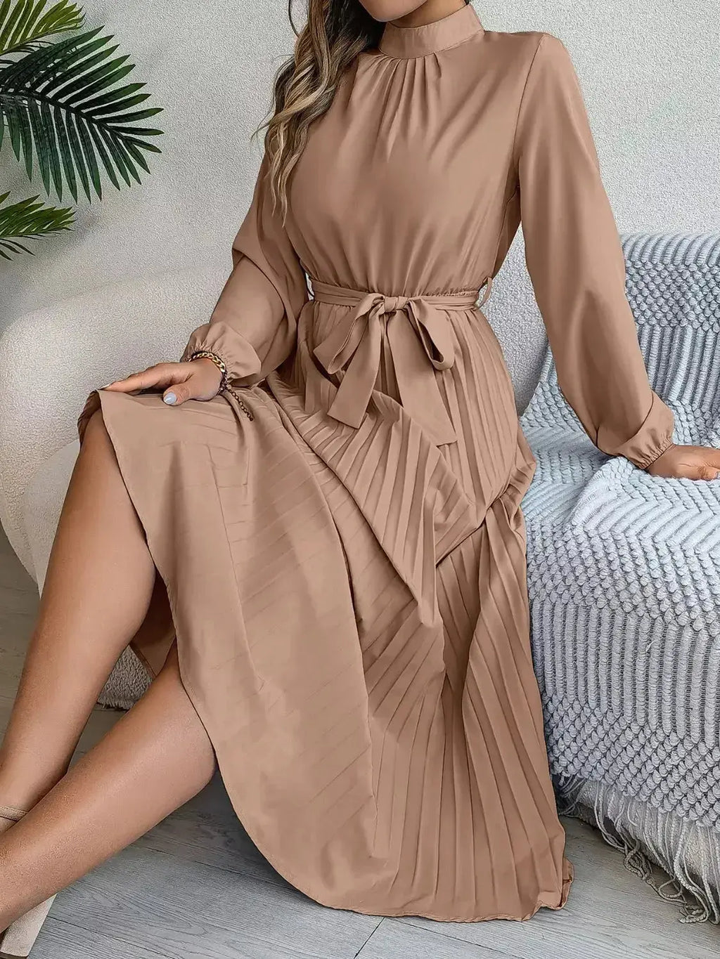 Mock Neck Pleated Midi Dress - DaisyDrop 