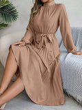 Mock Neck Pleated Midi Dress - DaisyDrop 