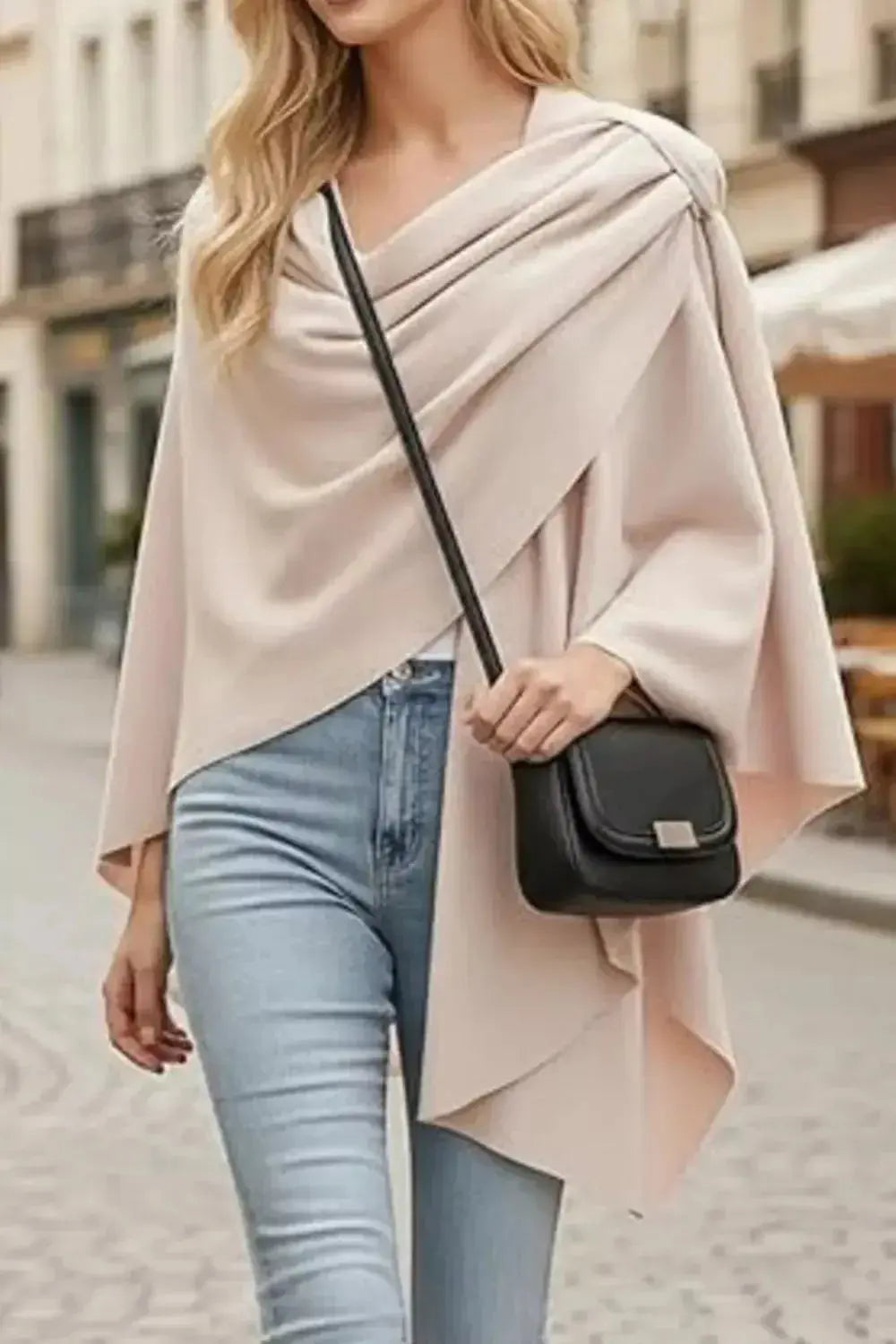 Draped Knitted Split Cape Shawl with Strap - DaisyDrop 