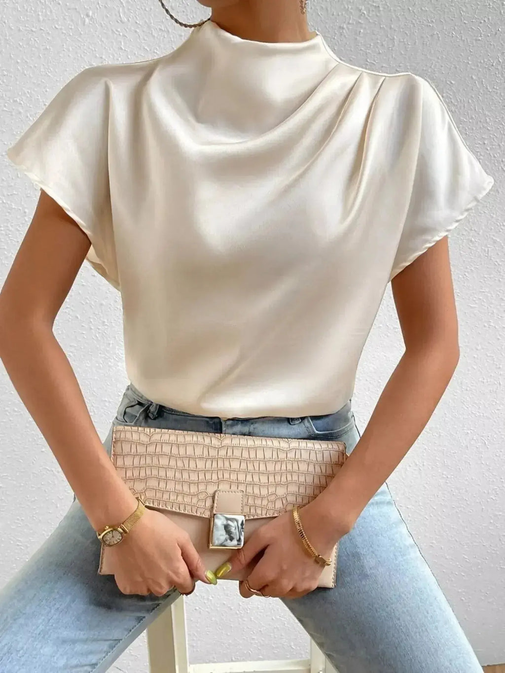 Mock Neck Satin Blouse - DaisyDrop 