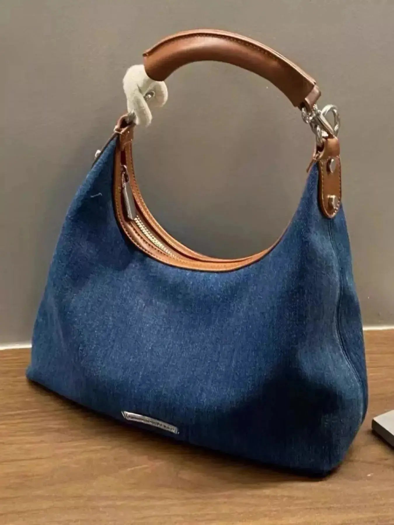 Denim Shoulder Bag with Leather Handle - DaisyDrop 