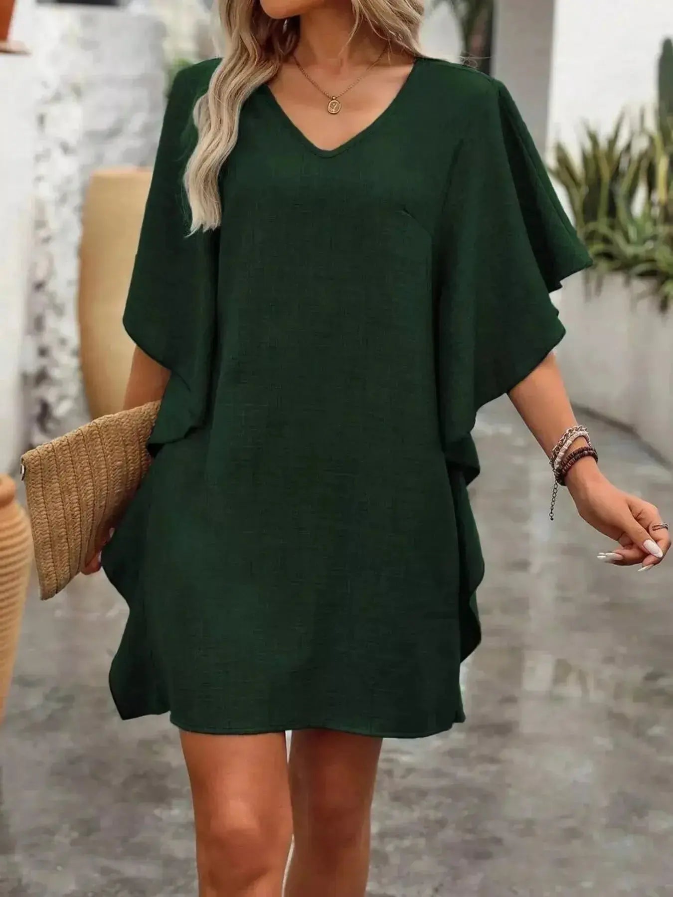Ruffled Flutter Sleeve V-Neck Mini Dress - DaisyDrop 