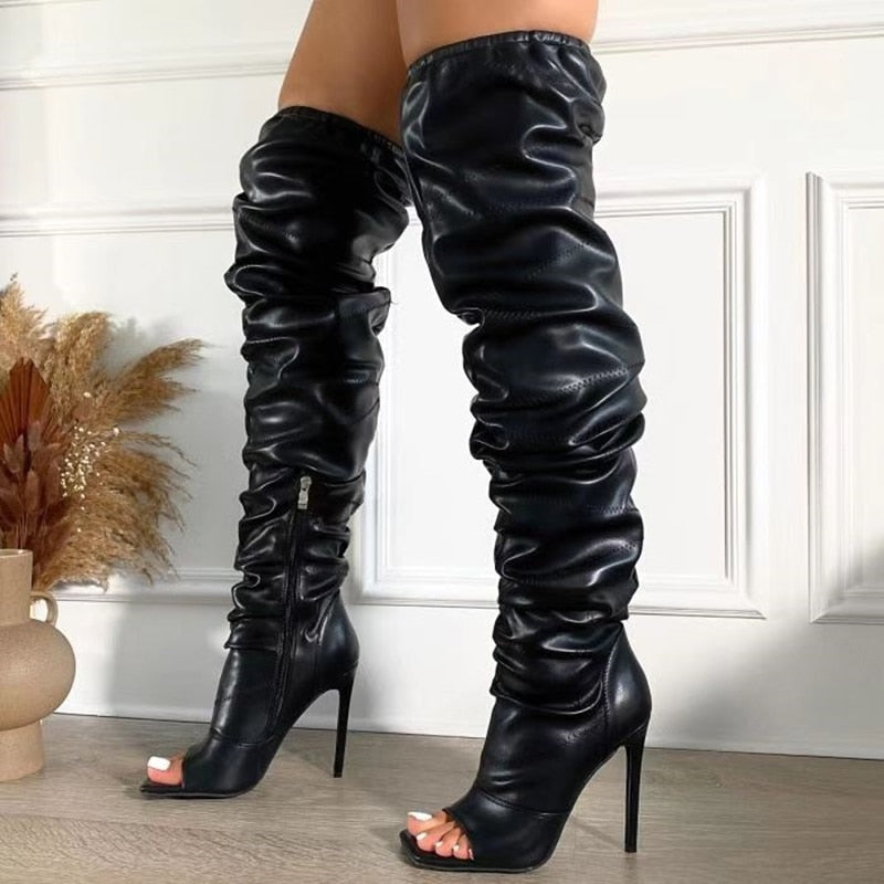 Fashion Pleated Designed Women Square Peep Toe Boots