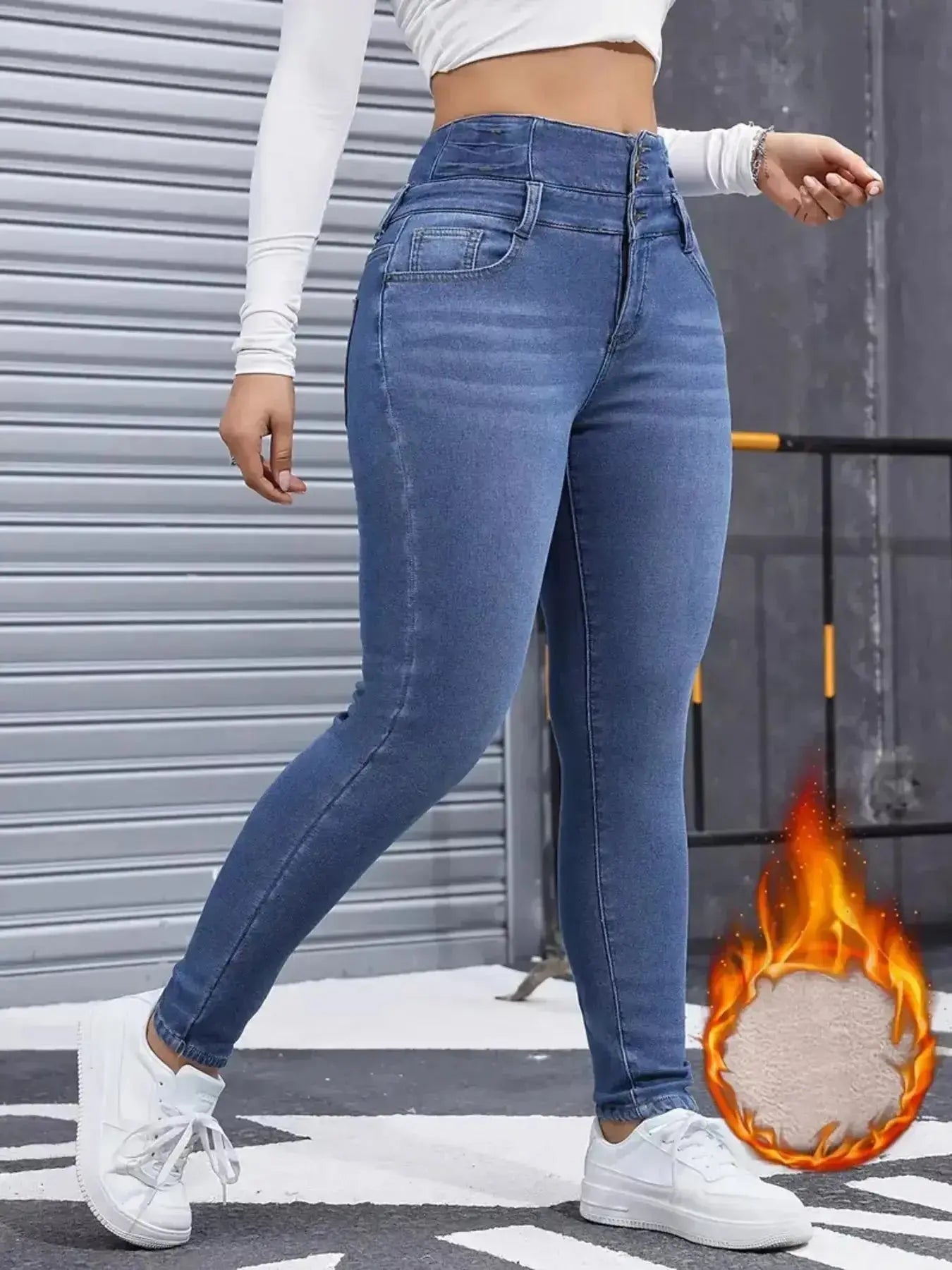 High-Waisted Slim Fit Fleece-Lined Jeans - DaisyDrop 