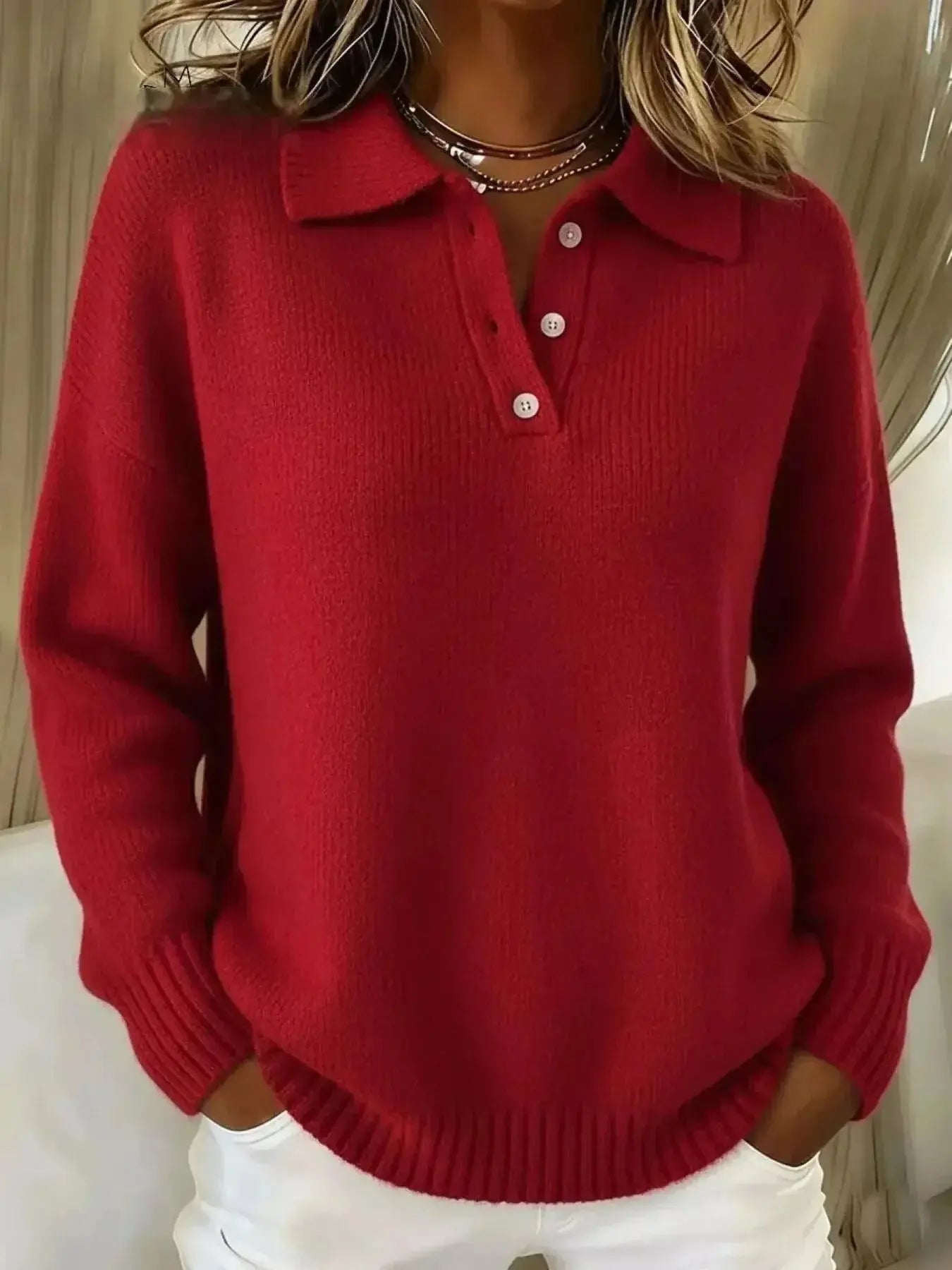 Full Size Half Button Collar Drop Shoulder Sweater Plus Size - DaisyDrop 