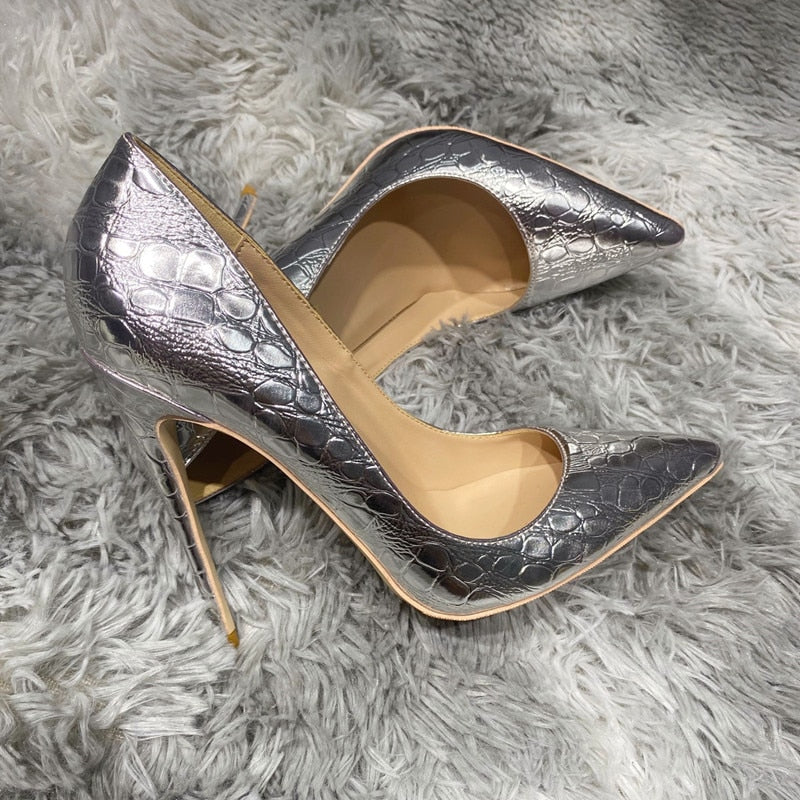 Silver Crocodile-Effect Women Sexy Pumps