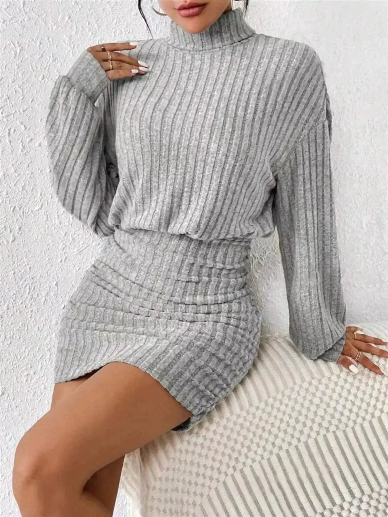 Ribbed Knit Turtleneck Bodycon Mini Dress - DaisyDrop 