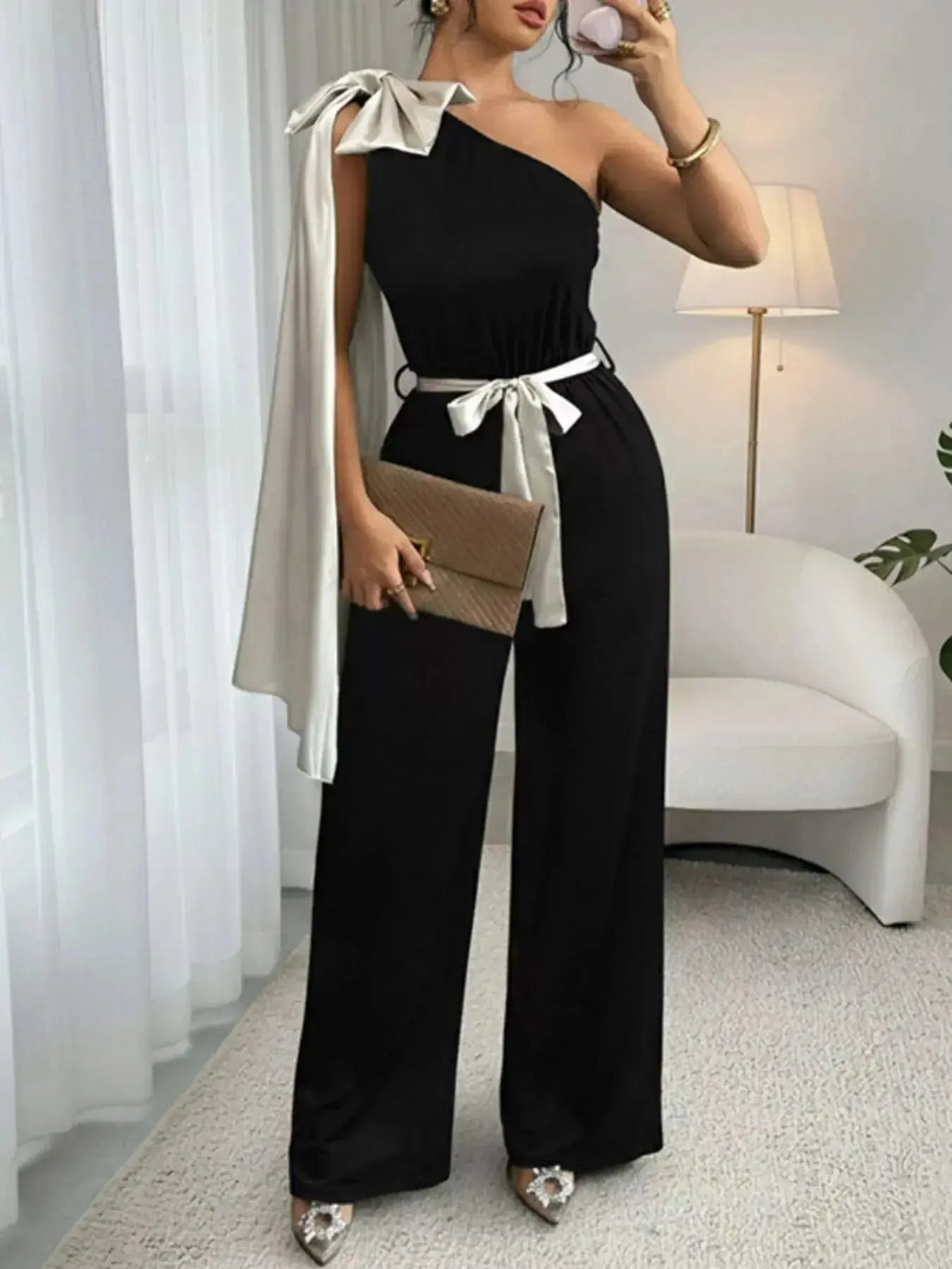 One-Shoulder Bowknot Wide Leg Jumpsuit - DaisyDrop 
