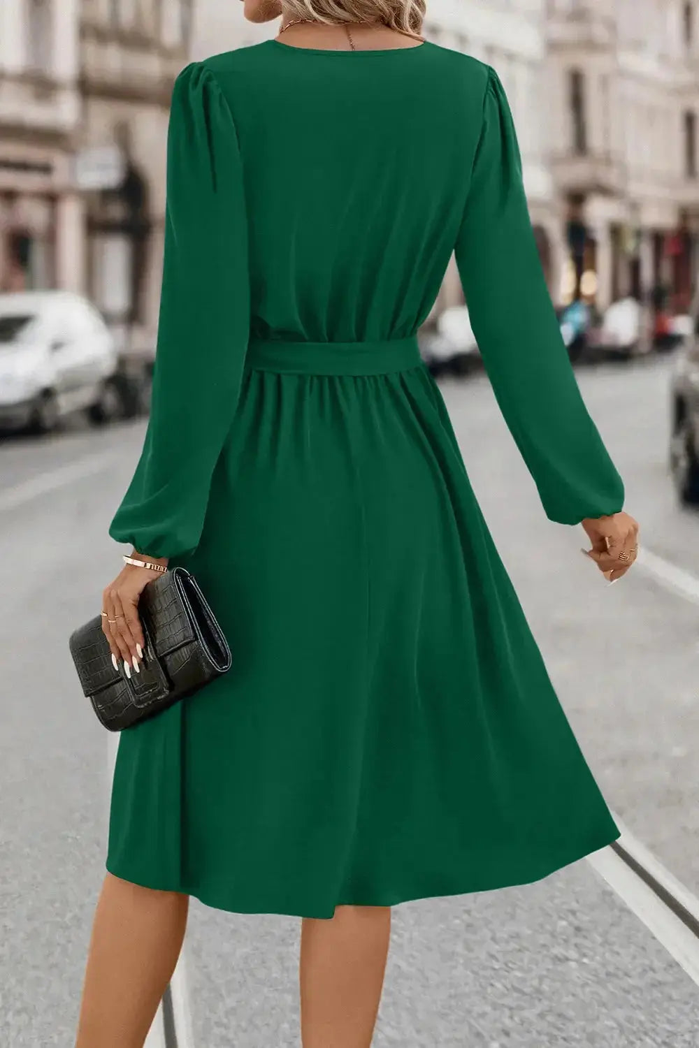Tie Waist Notched Neck Long Sleeve Dress - DaisyDrop 