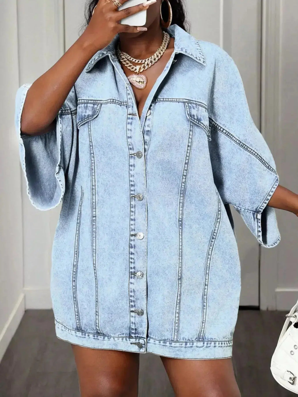 Oversized Batwing Sleeve Denim Top - DaisyDrop 