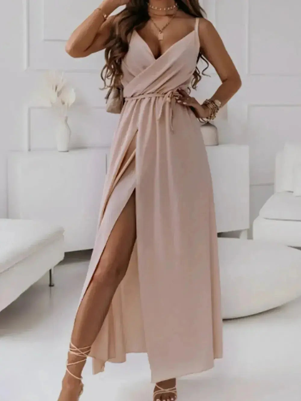 Honey Tied Surplice Sleeveless Midi Cami Dress - DaisyDrop 