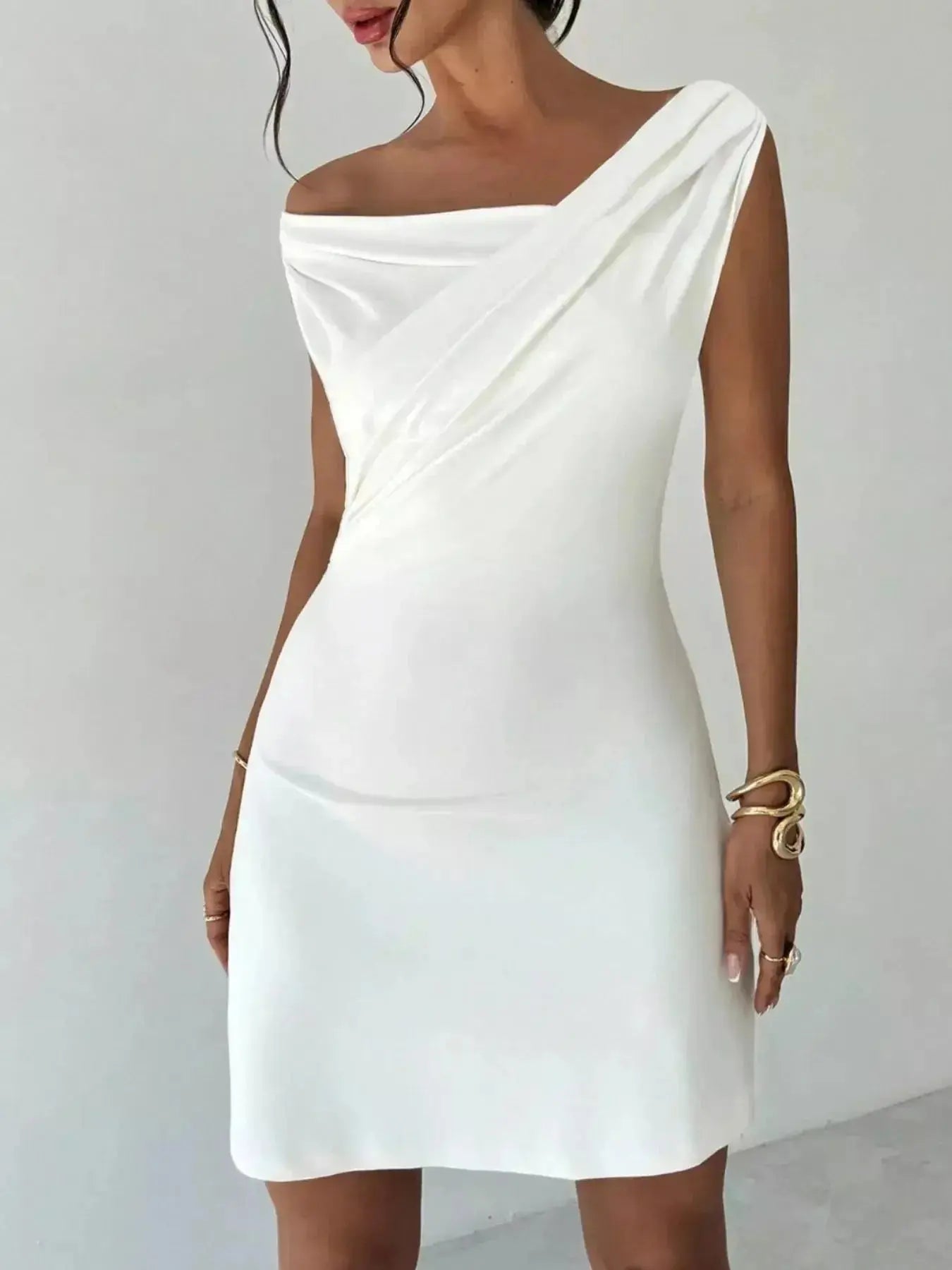 Elegant Off-Shoulder Draped Mini Dress - DaisyDrop 