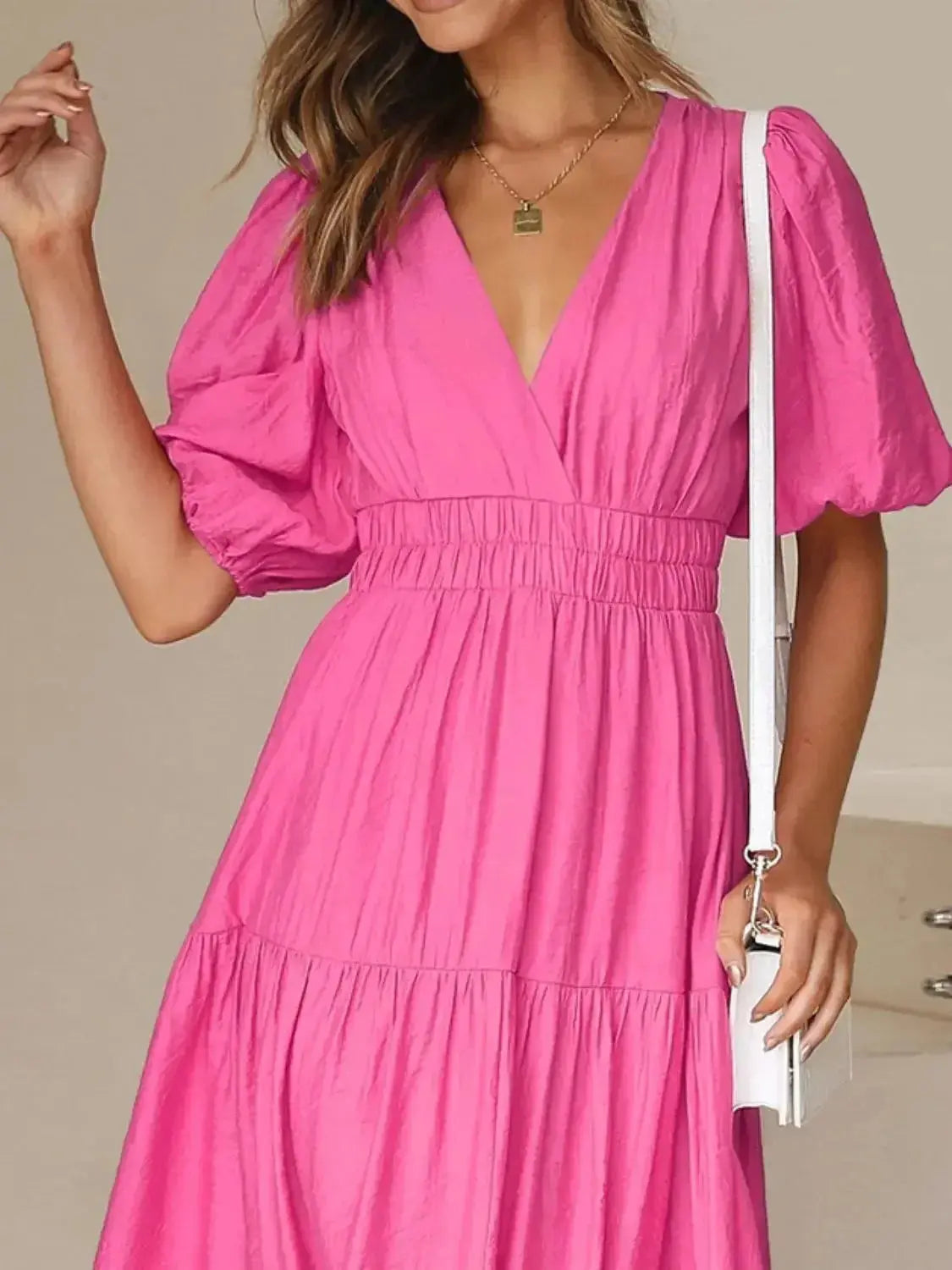 V-Neck Puff Sleeve Midi Dress - DaisyDrop 