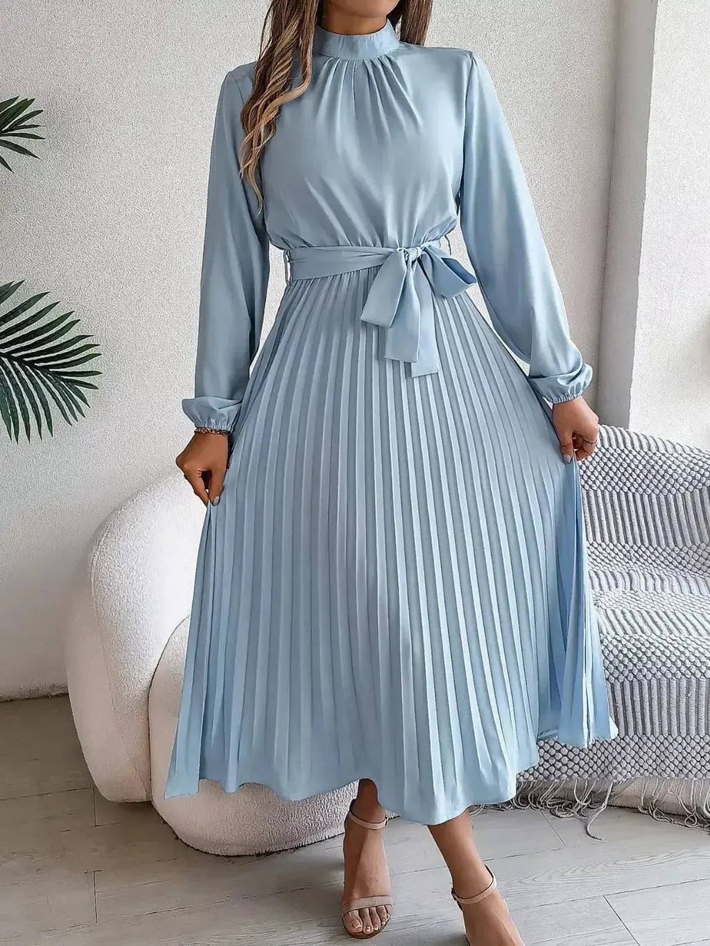Mock Neck Pleated Midi Dress - DaisyDrop 
