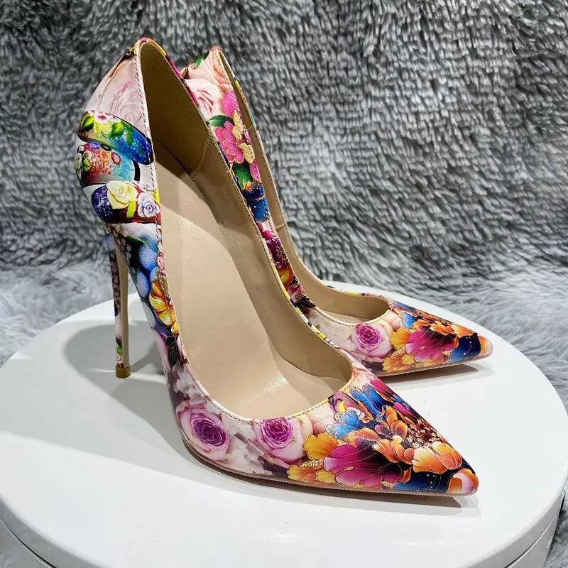 Floral Painting Print Pointy Toe High Heel eprolo