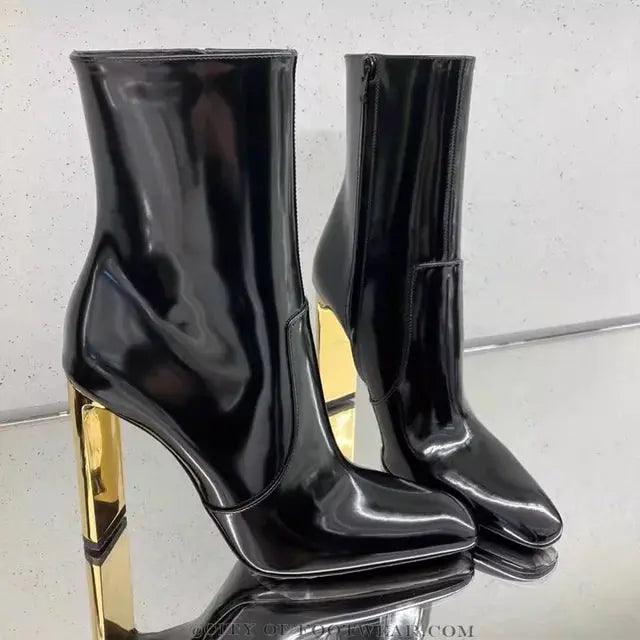 Black Patent Leather Women Gold High Heeled Ankle Boots eprolo