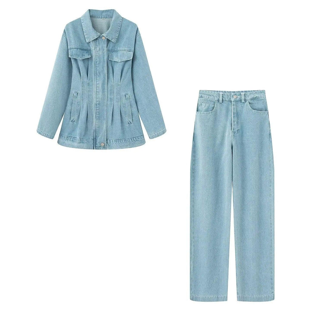 Lapel Waist-tied Denim Comfortable Jacket and Pants Set eprolo