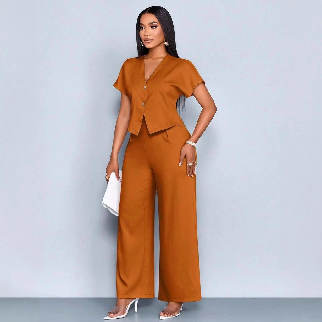 Two-Piece  Short Sleeve V-Neck Wide Leg Pants Set eprolo