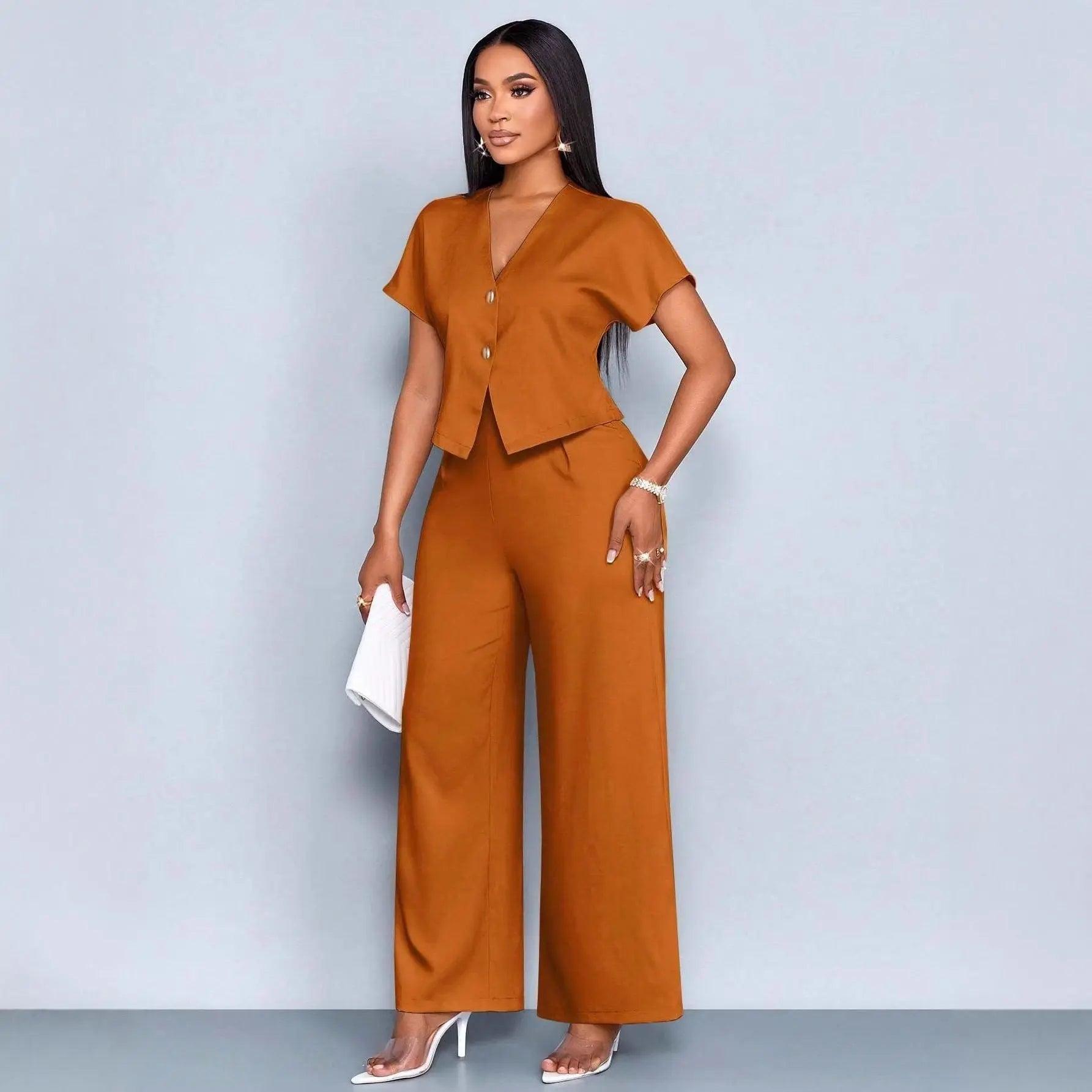 Two-Piece  Short Sleeve V-Neck Wide Leg Pants Set eprolo