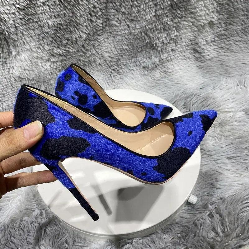 Tikicup Blue Cow Women Hairy Flock Pointy Toe High Heels eprolo