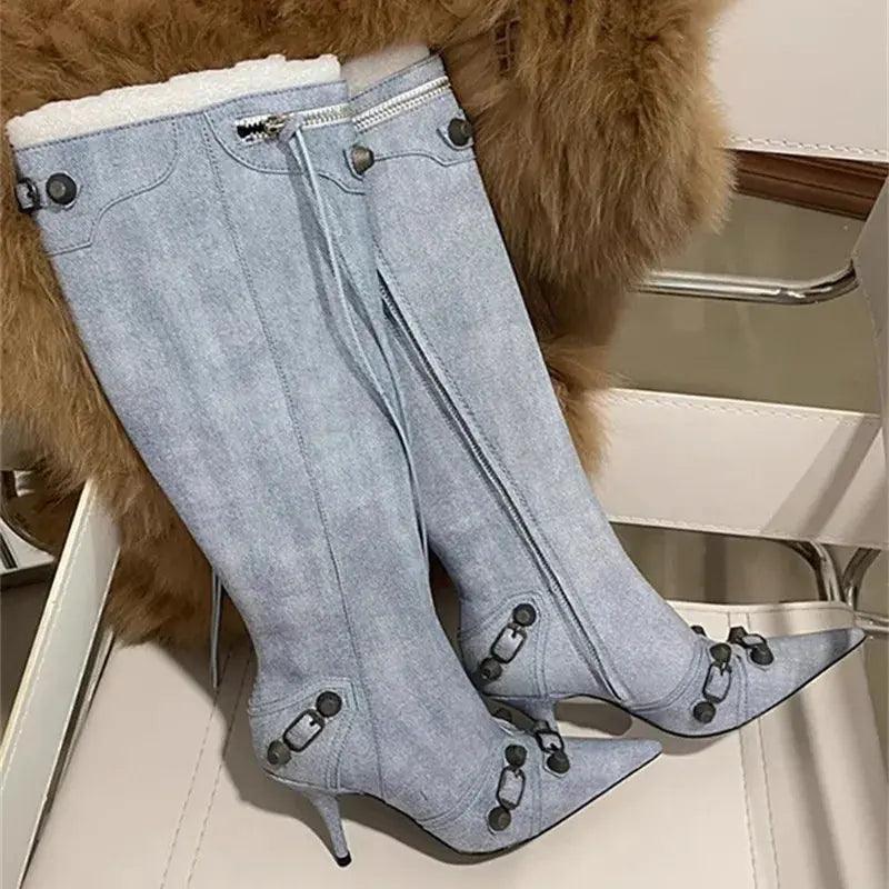 Zipper-Sid Long Botas De Mujer Metal Rivet Women High Knee Pointed Toe Boots eprolo