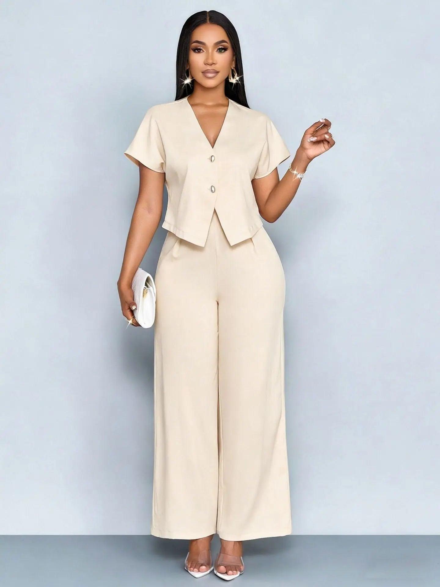 Two-Piece  Short Sleeve V-Neck Wide Leg Pants Set eprolo